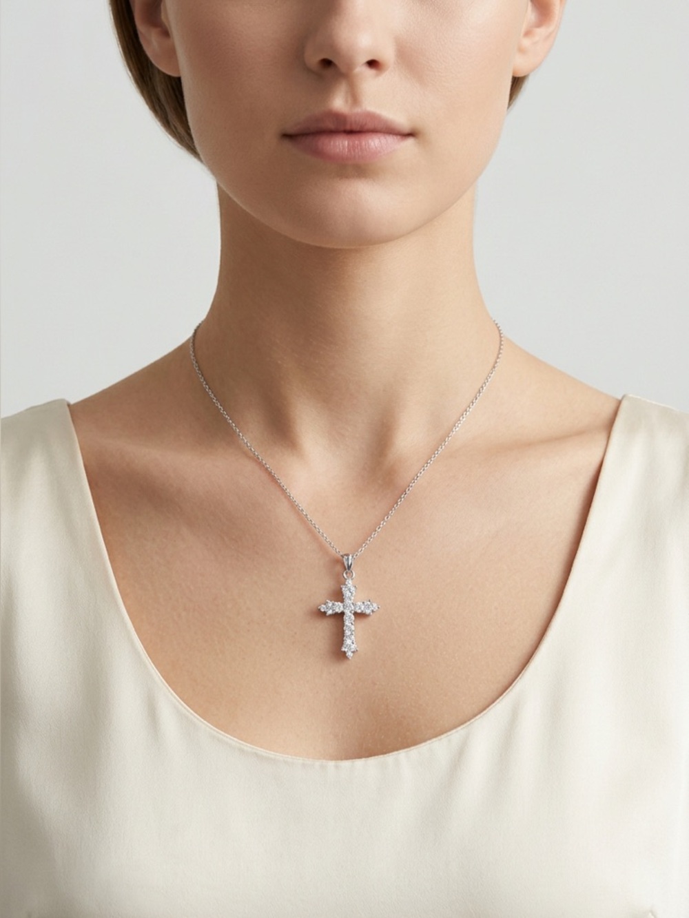 899: Moissanite Sterling Silver Cross Pendant Necklace in Silver